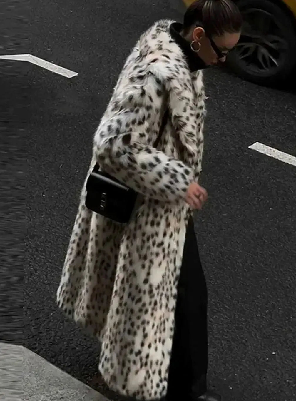 Abrigo largo de pelo sintético con estampado de leopardo para mujer