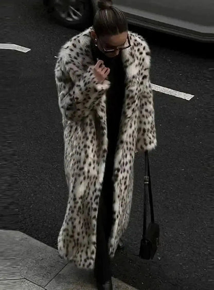 Abrigo largo de pelo sintético con estampado de leopardo para mujer