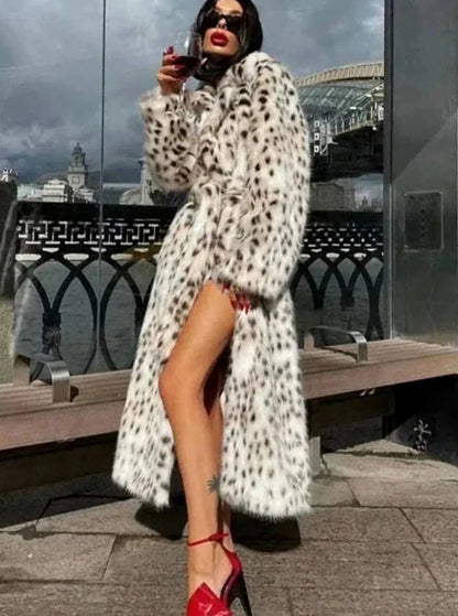 Abrigo largo de pelo sintético con estampado de leopardo para mujer