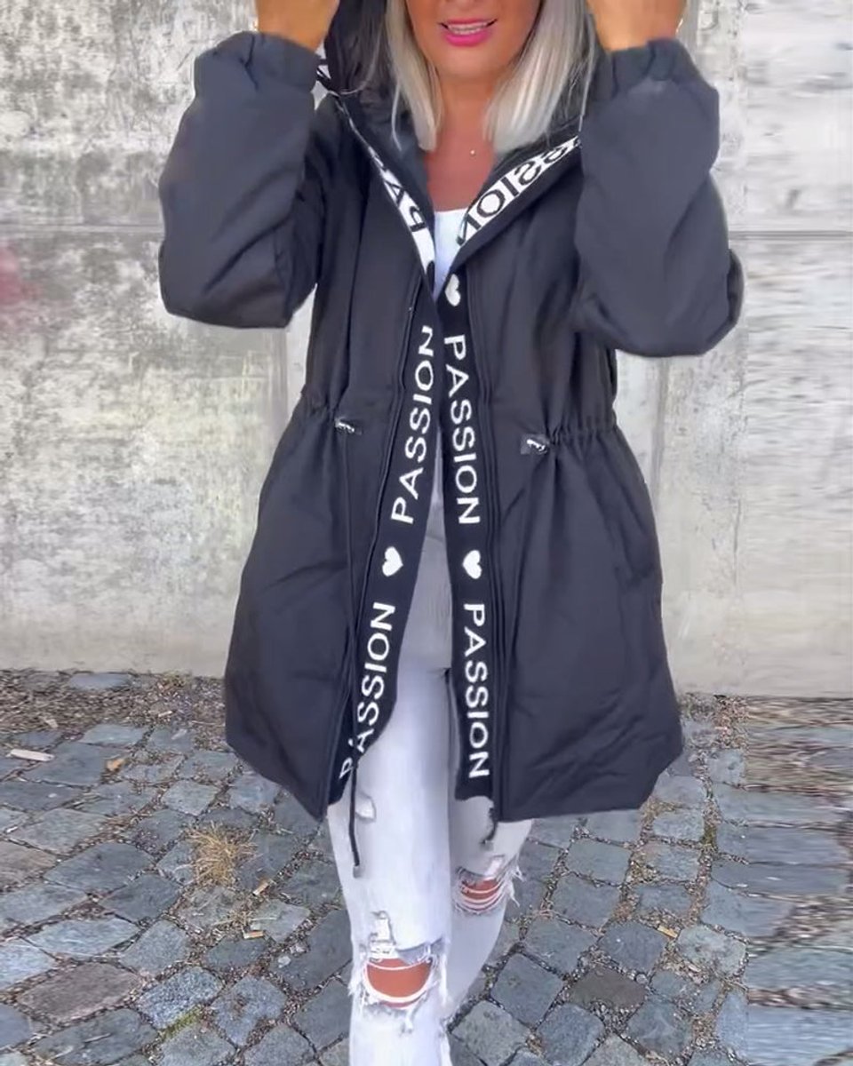 Abrigo midi para mujer de corte holgado con capucha y cordón ajustable