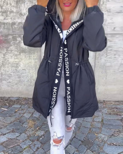 Abrigo midi para mujer de corte holgado con capucha y cordón ajustable