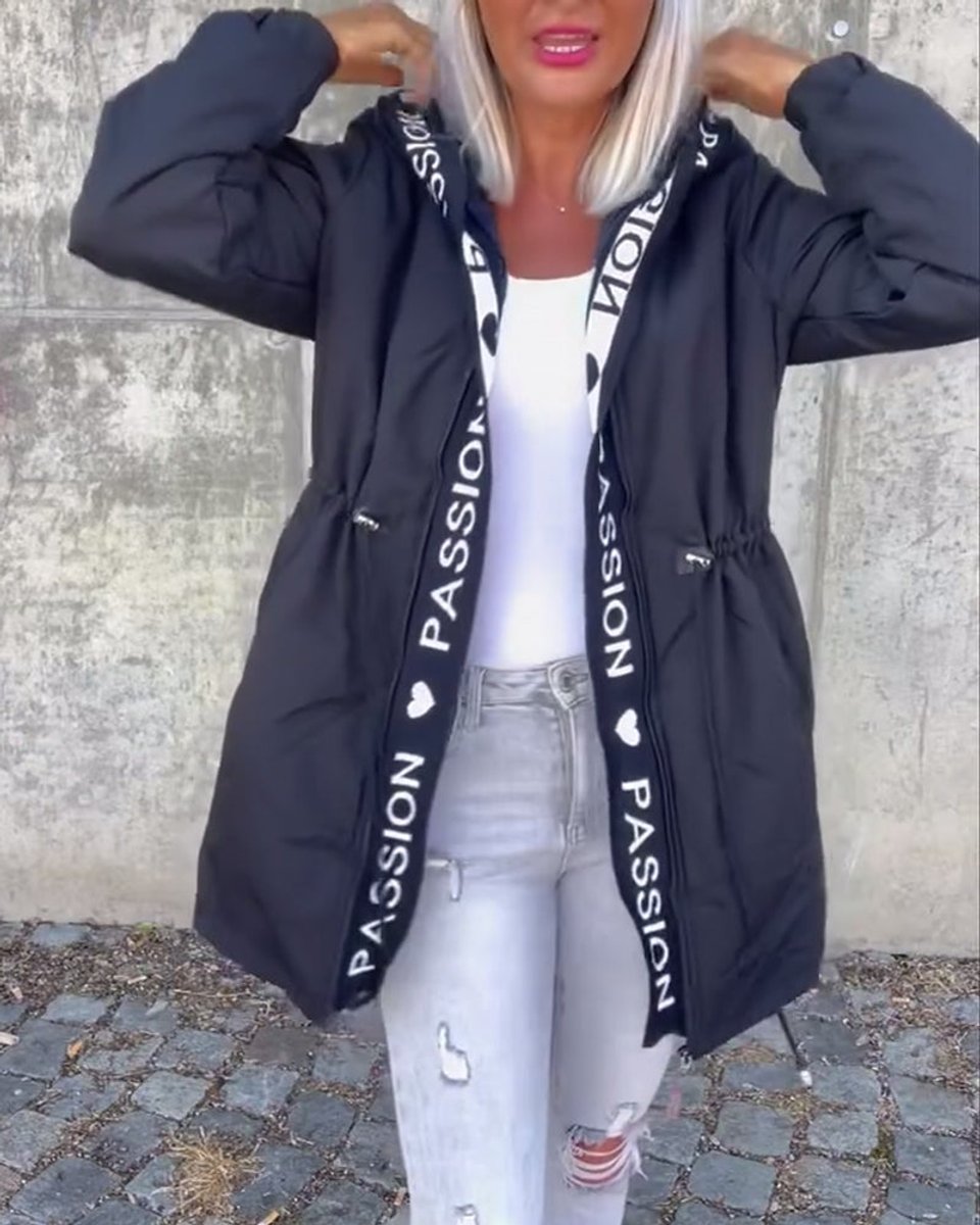 Abrigo midi para mujer de corte holgado con capucha y cordón ajustable