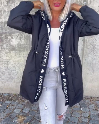 Abrigo midi para mujer de corte holgado con capucha y cordón ajustable