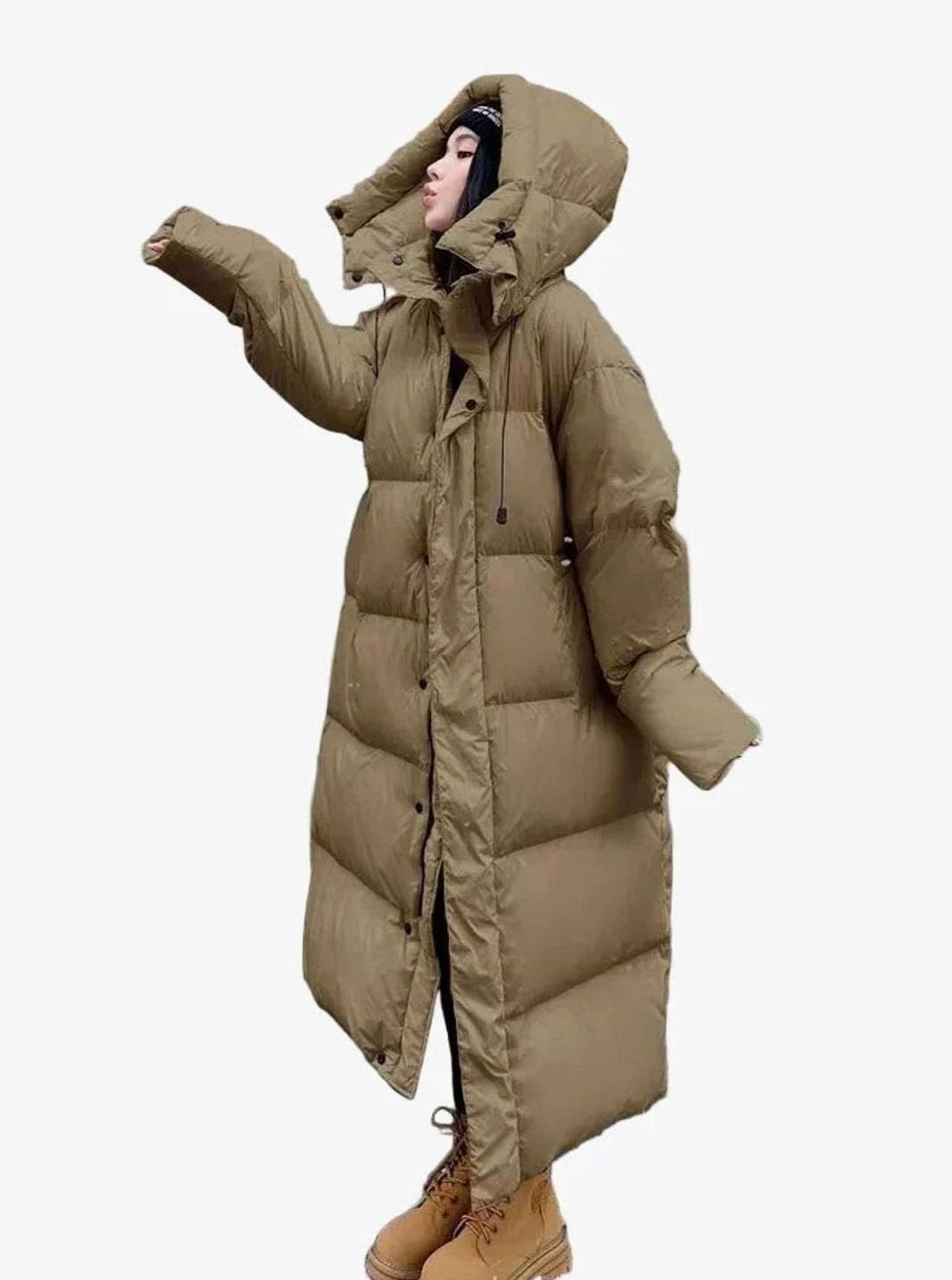 Abrigo plumífero largo acolchado estilo oversized con capucha para mujer