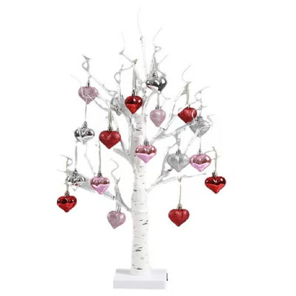 Árbol de abedul LED con 18 adornos de corazón