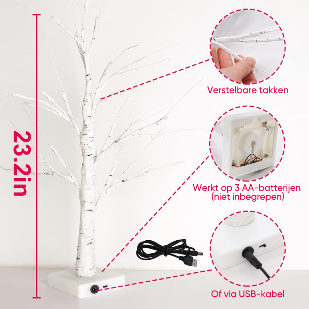 Árbol de abedul LED con 18 adornos de corazón