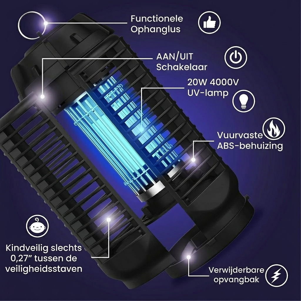 Asesino Eléctrico de Insectos con Luz UV de 20W y Voltaje de 4200V, Impermeable IPX4
