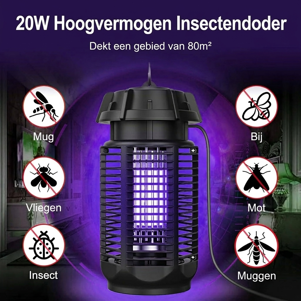 Asesino Eléctrico de Insectos con Luz UV de 20W y Voltaje de 4200V, Impermeable IPX4