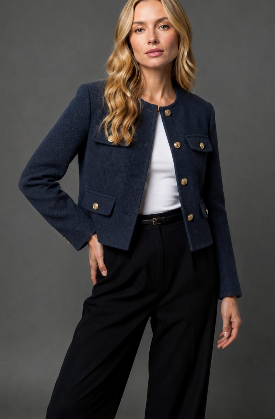 Blazer corto de tweed para mujer sin cuello con botones dorados y bolsillos con solapa