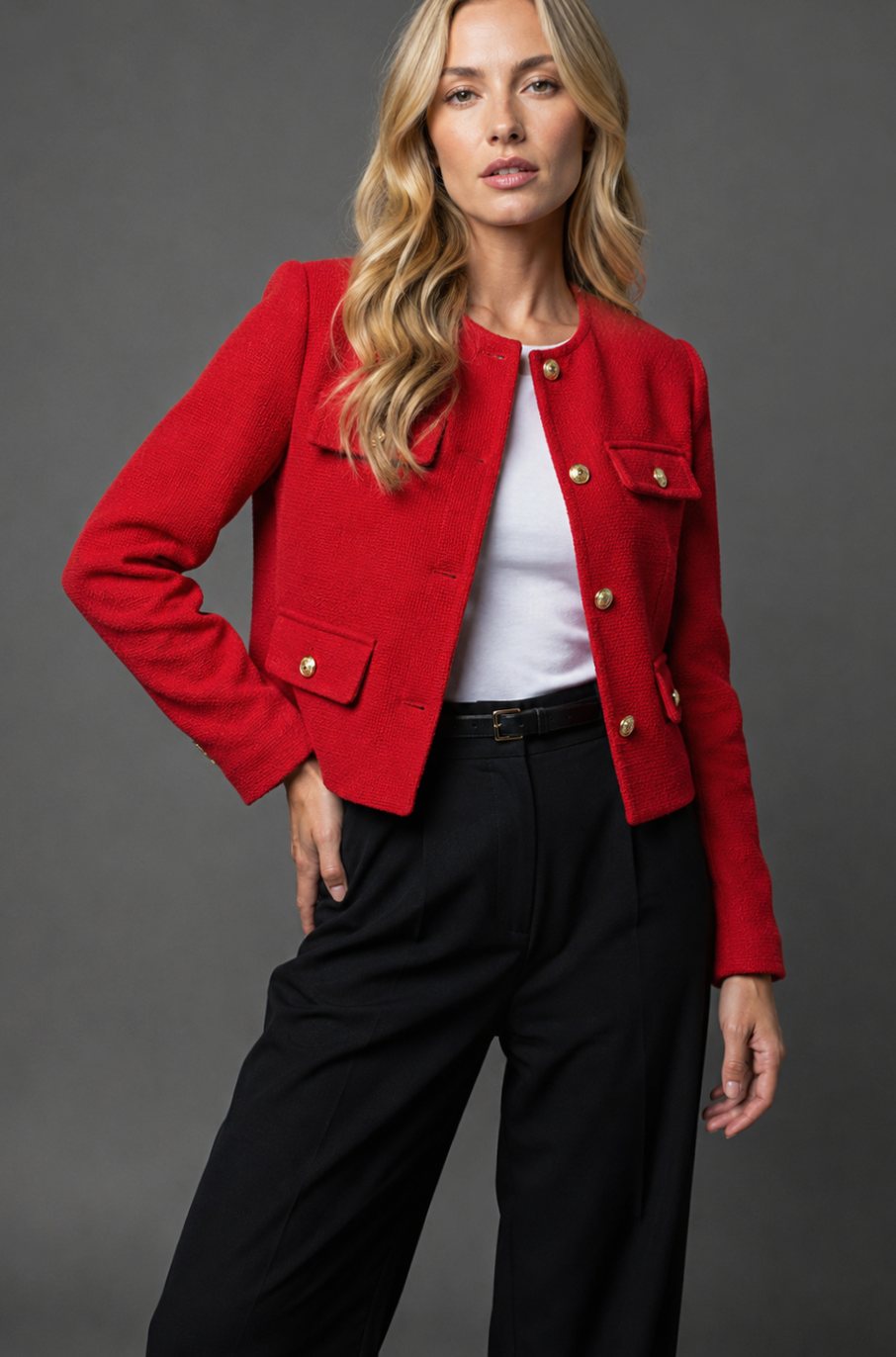 Blazer corto de tweed para mujer sin cuello con botones dorados y bolsillos con solapa