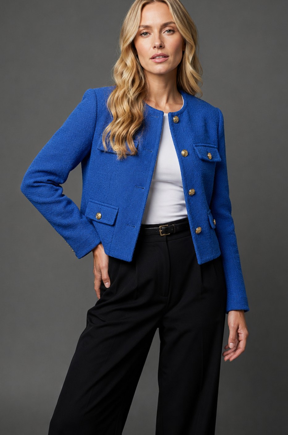 Blazer corto de tweed para mujer sin cuello con botones dorados y bolsillos con solapa