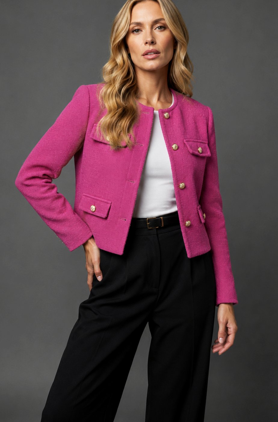 Blazer corto de tweed para mujer sin cuello con botones dorados y bolsillos con solapa