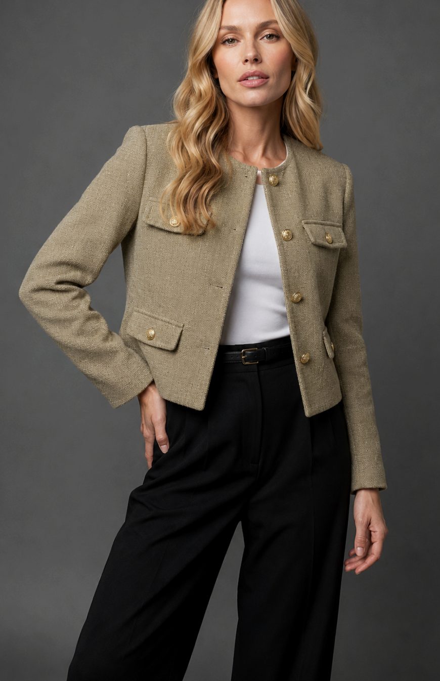 Blazer corto de tweed para mujer sin cuello con botones dorados y bolsillos con solapa