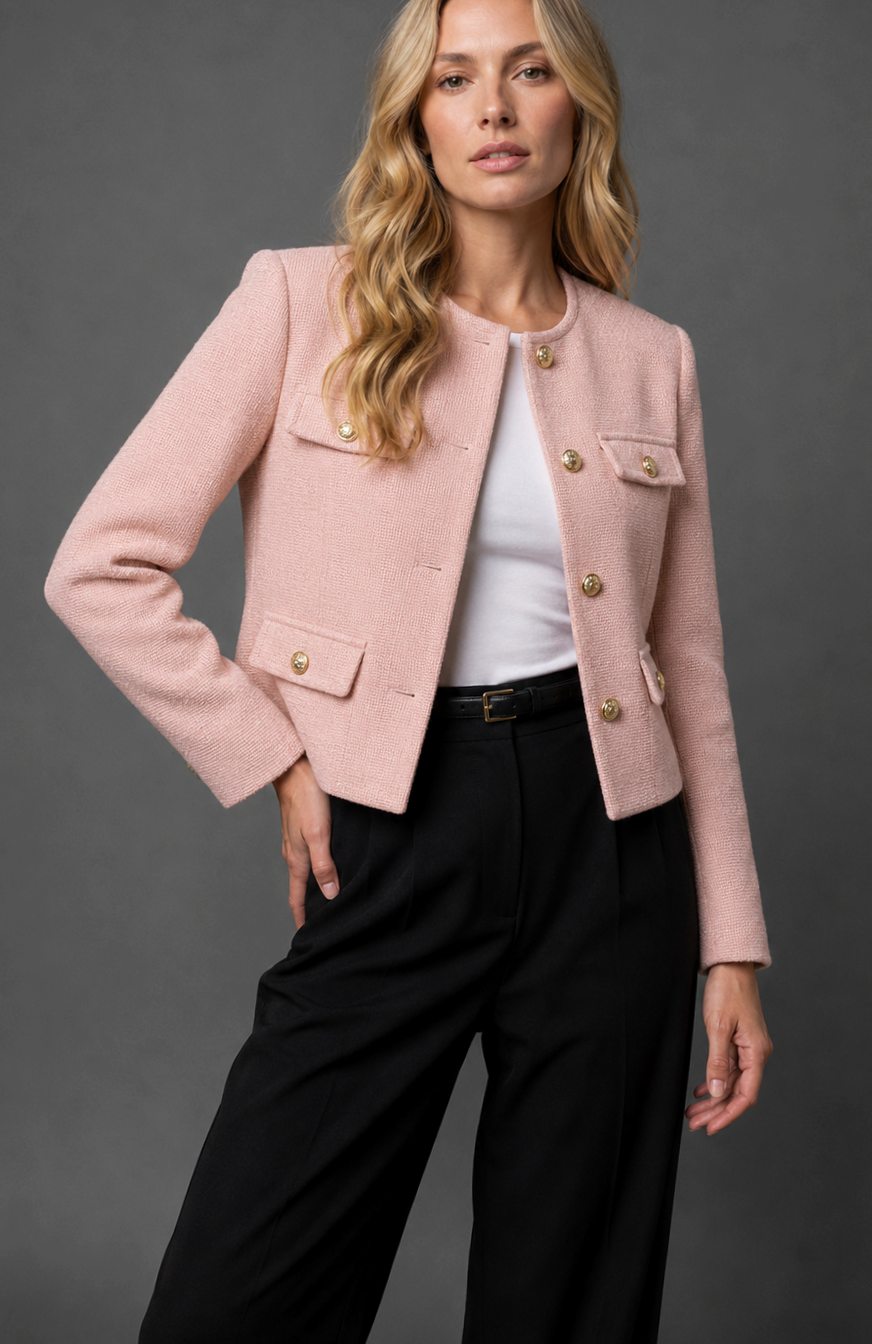 Blazer corto de tweed para mujer sin cuello con botones dorados y bolsillos con solapa