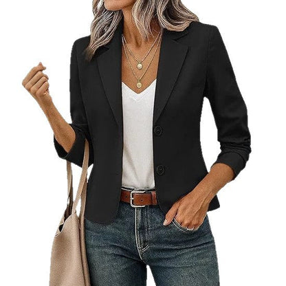 Blazer corto entallado para mujer con botones decorativos y manga tres cuartos