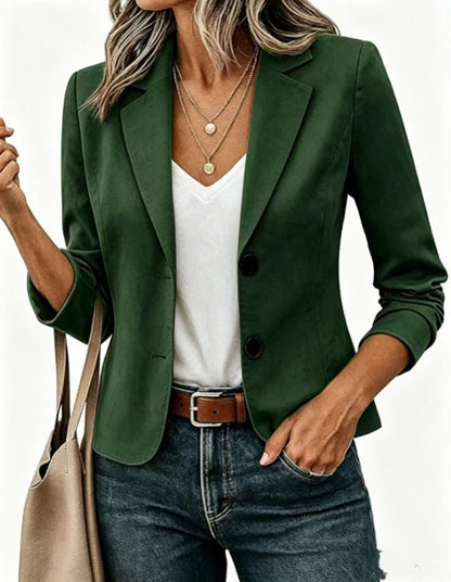 Blazer corto entallado para mujer con botones decorativos y manga tres cuartos