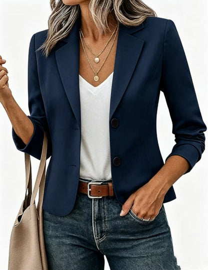 Blazer corto entallado para mujer con botones decorativos y manga tres cuartos