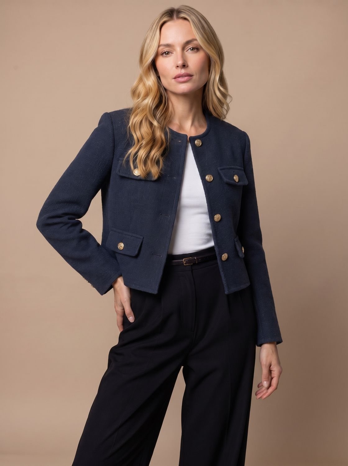 Blazer cropped de tweed sin cuello para mujer con botones dorados y bolsillos con solapa