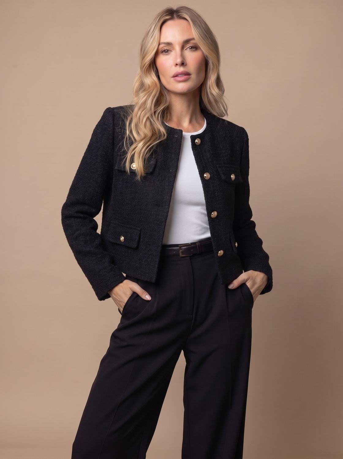 Blazer cropped de tweed sin cuello para mujer con botones dorados y bolsillos con solapa