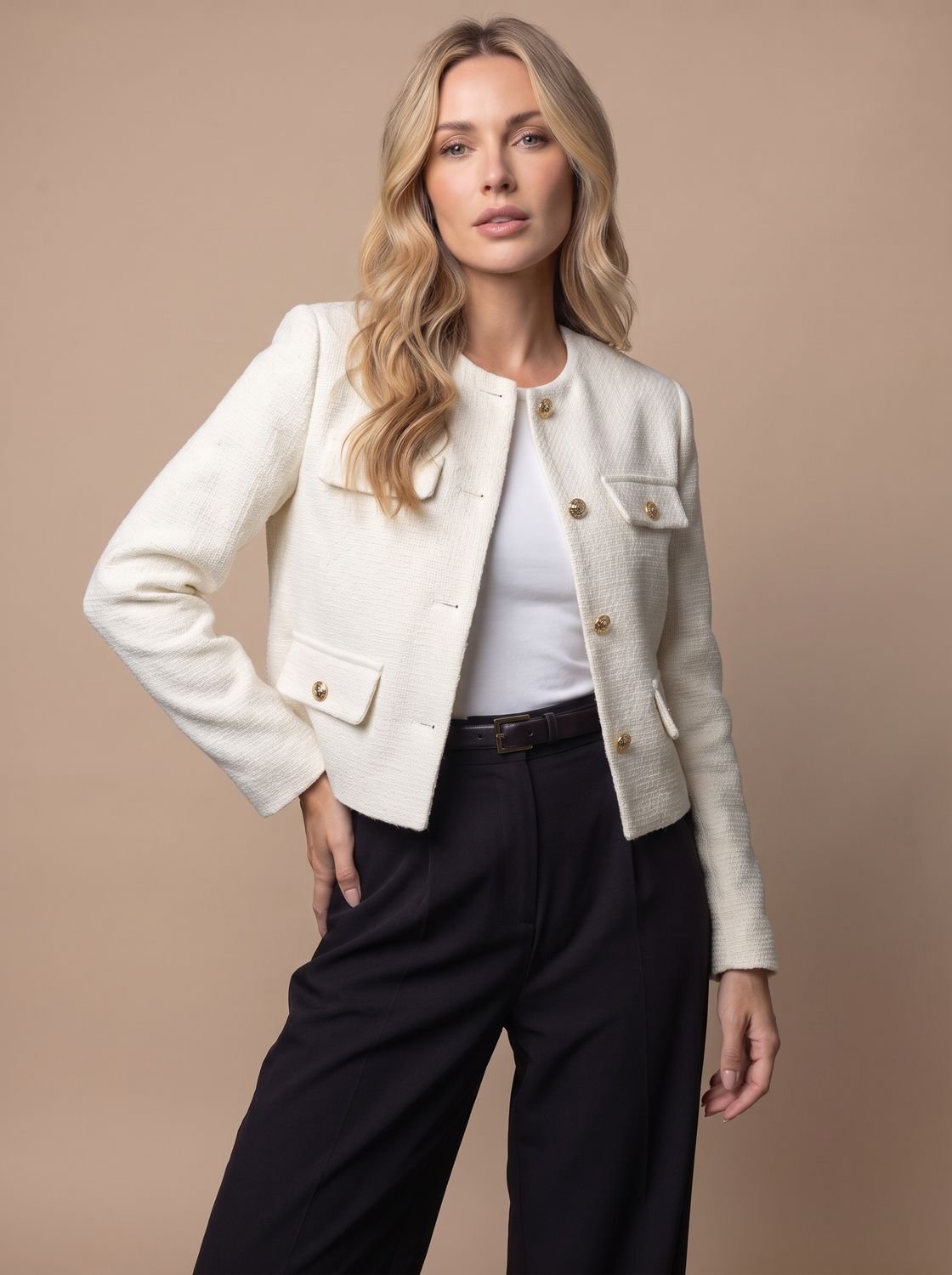 Blazer cropped de tweed sin cuello para mujer con botones dorados y bolsillos con solapa
