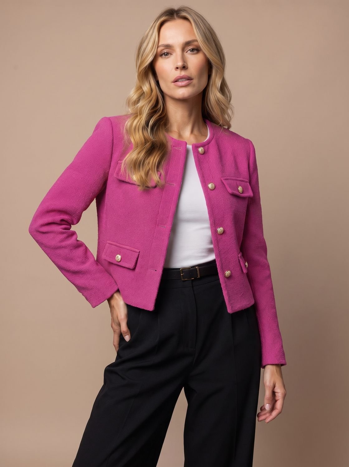 Blazer cropped de tweed sin cuello para mujer con botones dorados y bolsillos con solapa