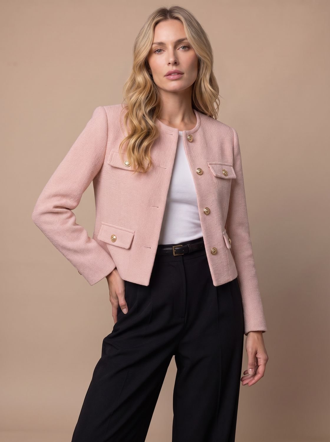 Blazer cropped de tweed sin cuello para mujer con botones dorados y bolsillos con solapa