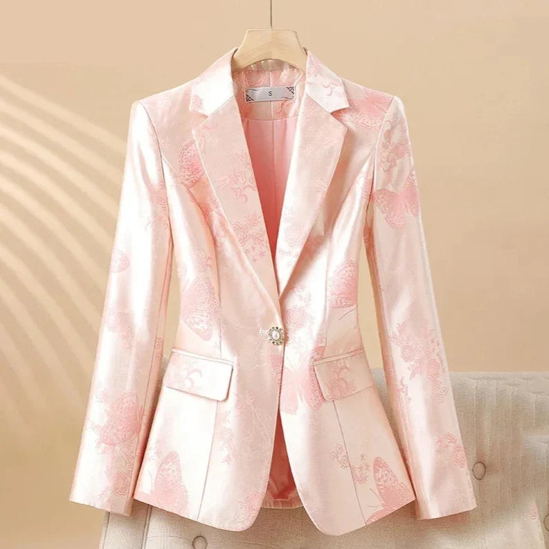 Blazer elegante de mujer con motivo de rosas y botón joya