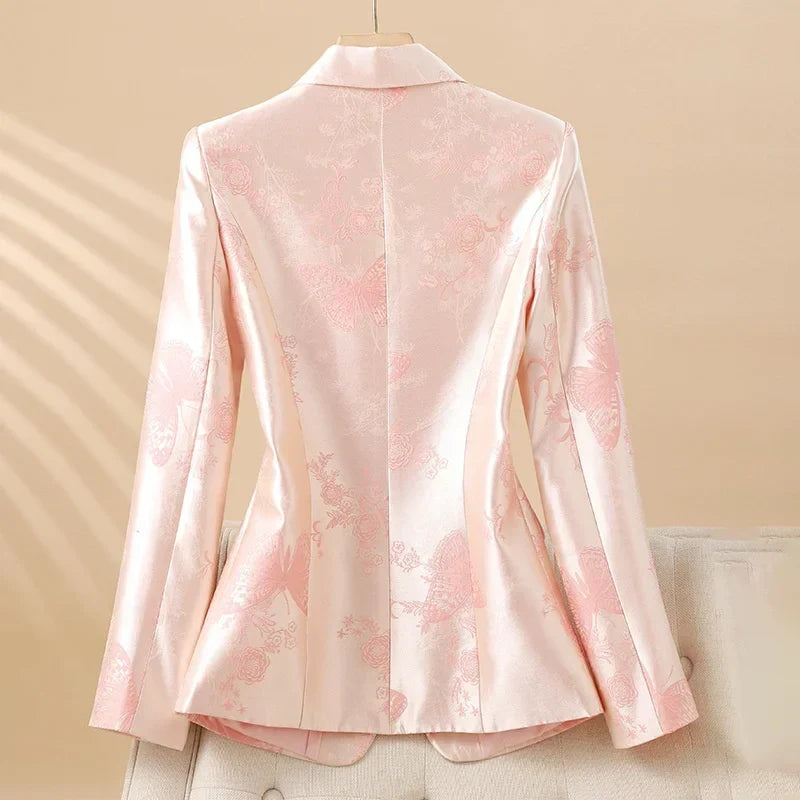 Blazer elegante de mujer con motivo de rosas y botón joya