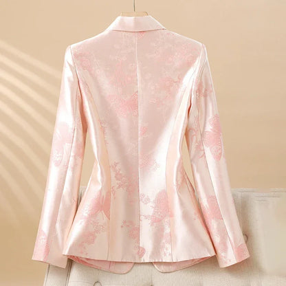 Blazer elegante de mujer con motivo de rosas y botón joya