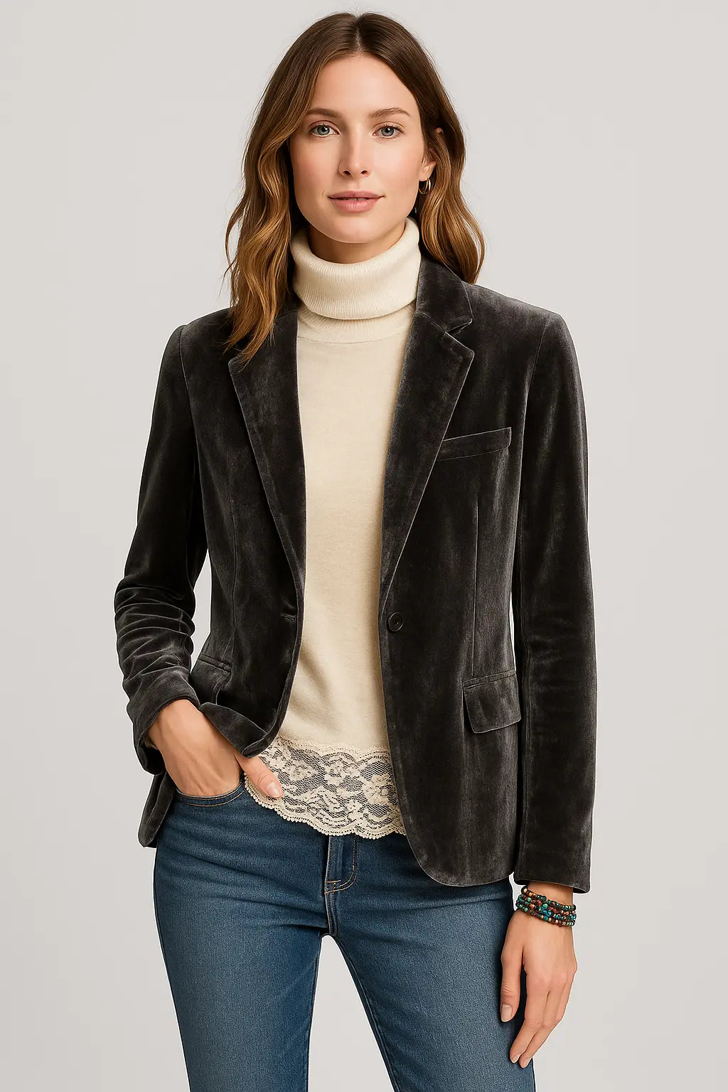 Blazer entallado de terciopelo con solapas para mujer