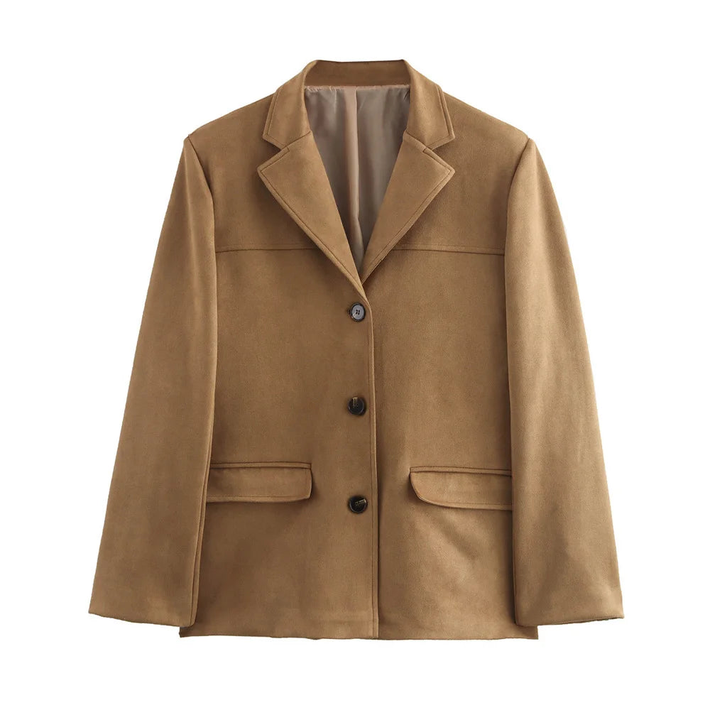 Blazer entallado para mujer de efecto ante con cierre de botones, solapa de muesca y bolsillos con solapa