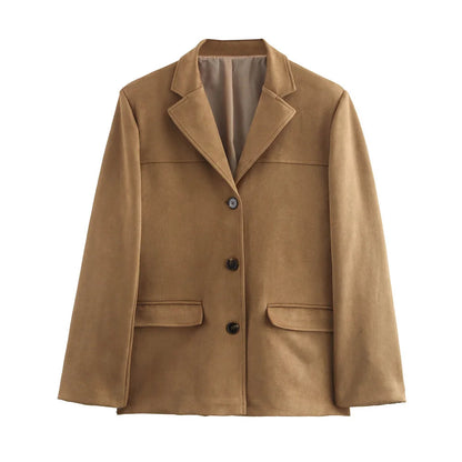 Blazer entallado para mujer de efecto ante con cierre de botones, solapa de muesca y bolsillos con solapa