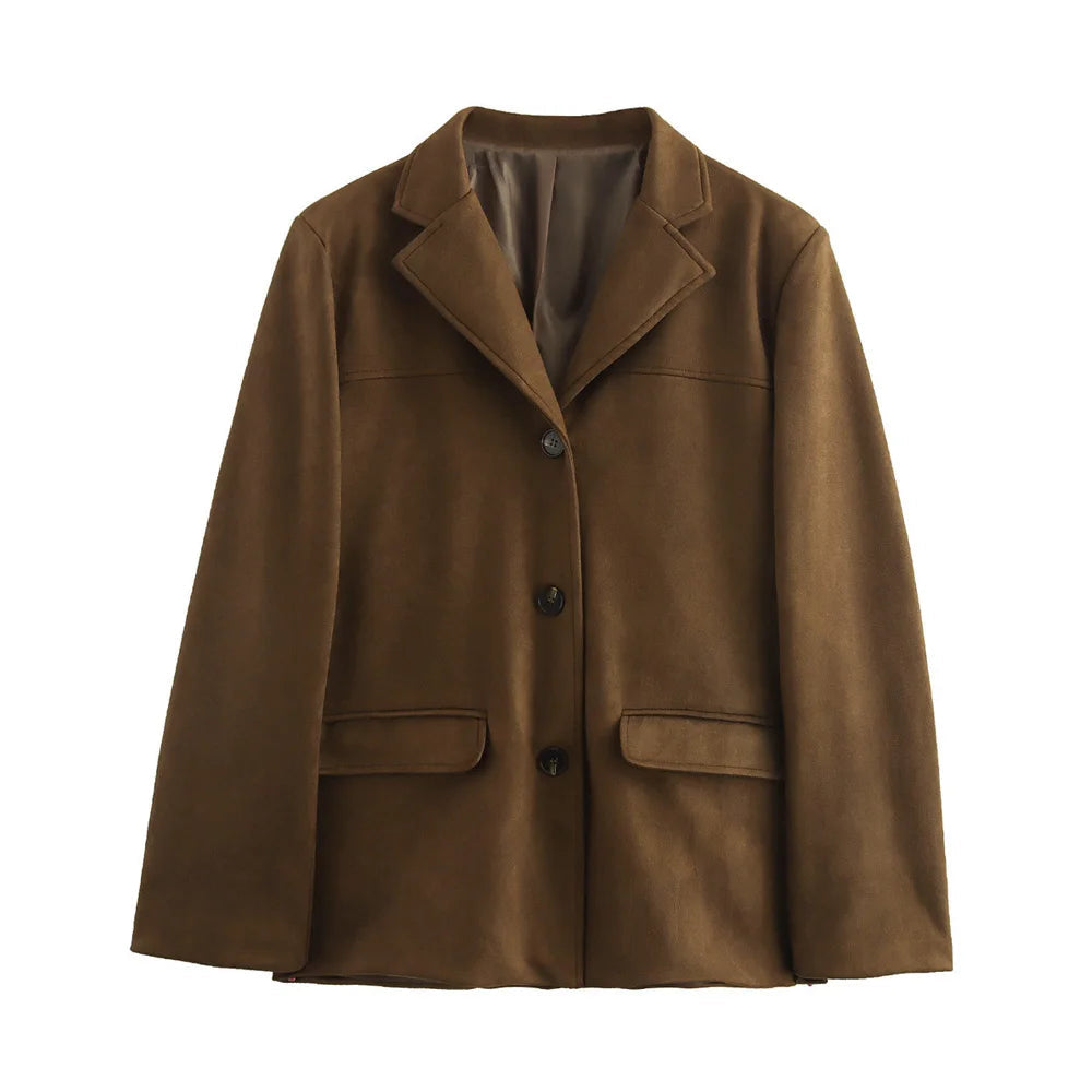 Blazer entallado para mujer de efecto ante con cierre de botones, solapa de muesca y bolsillos con solapa