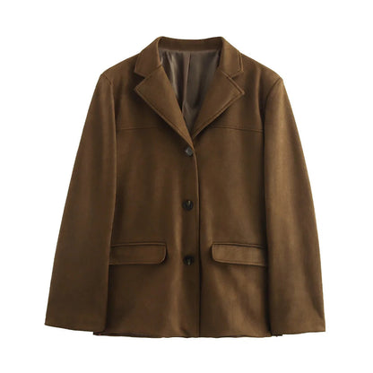 Blazer entallado para mujer de efecto ante con cierre de botones, solapa de muesca y bolsillos con solapa