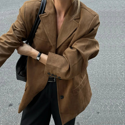Blazer entallado para mujer de efecto ante con cierre de botones, solapa de muesca y bolsillos con solapa