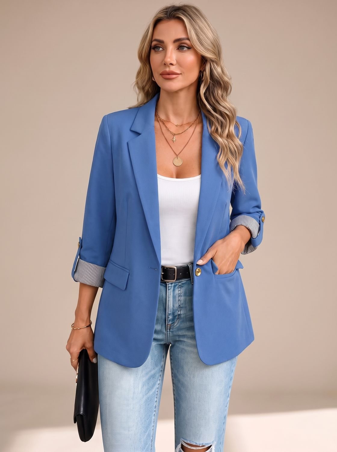 Blazer fluido para mujer con manga remangable y puños a rayas
