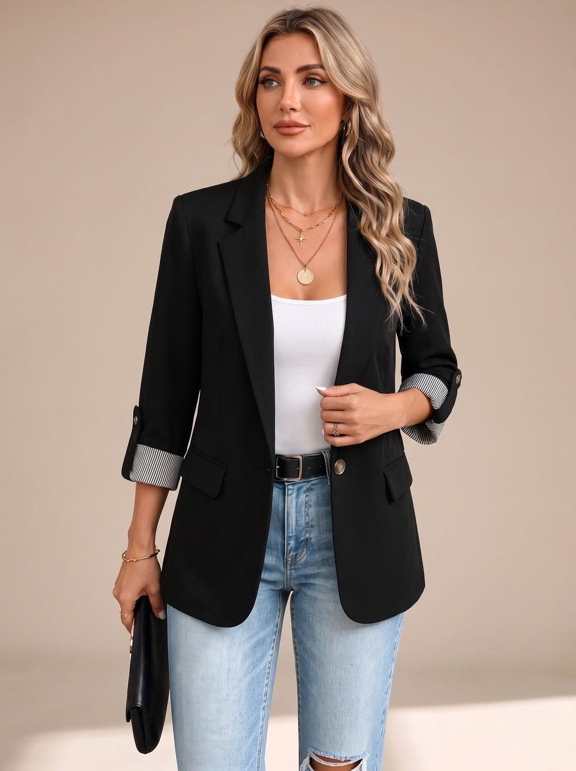 Blazer fluido para mujer con manga remangable y puños a rayas