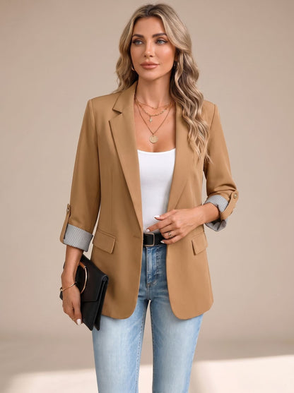 Blazer fluido para mujer con manga remangable y puños a rayas