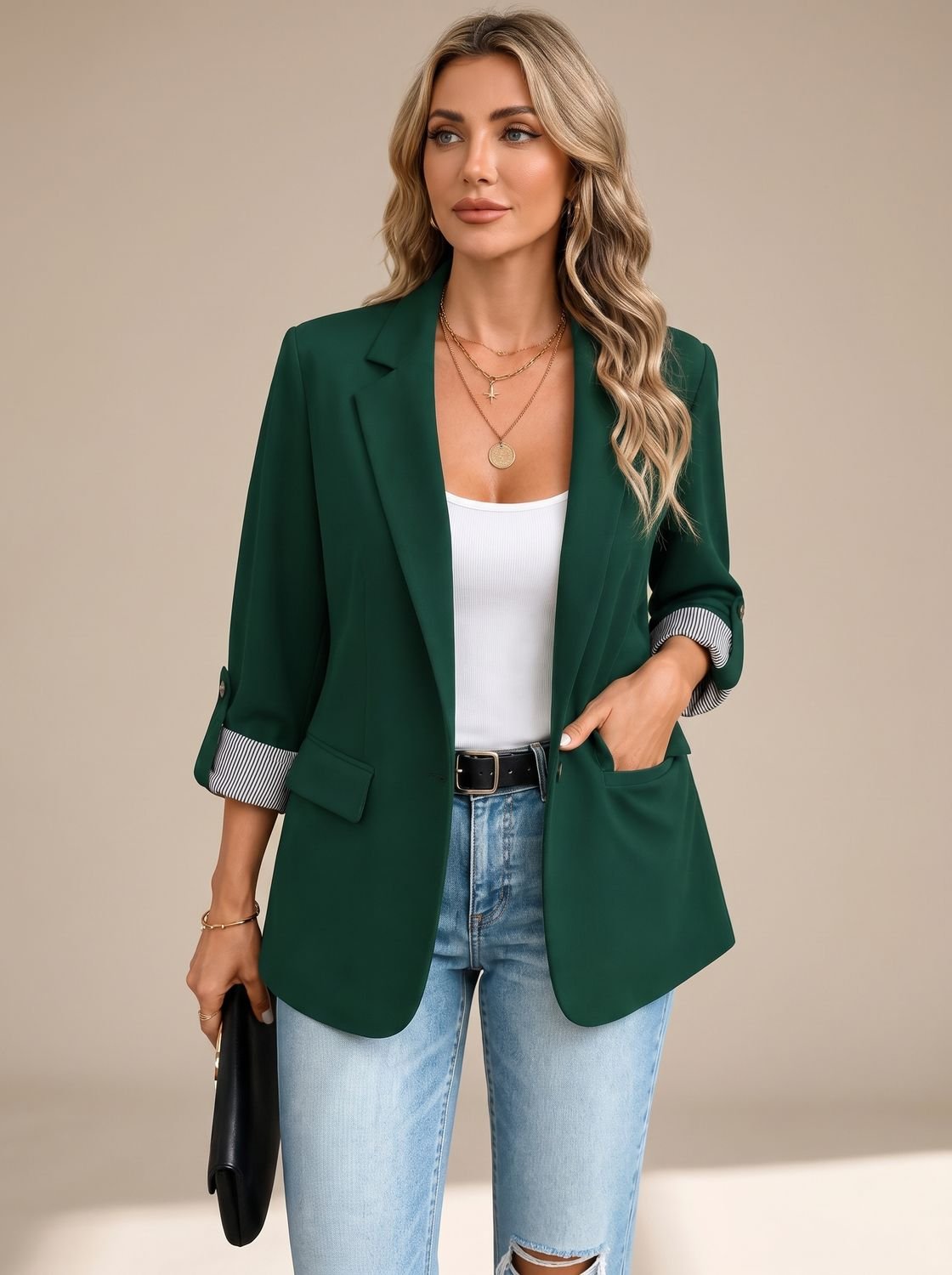 Blazer fluido para mujer con manga remangable y puños a rayas