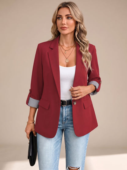 Blazer fluido para mujer con manga remangable y puños a rayas
