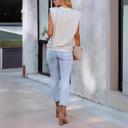 Blusa con brillo de cuello redondo para mujer