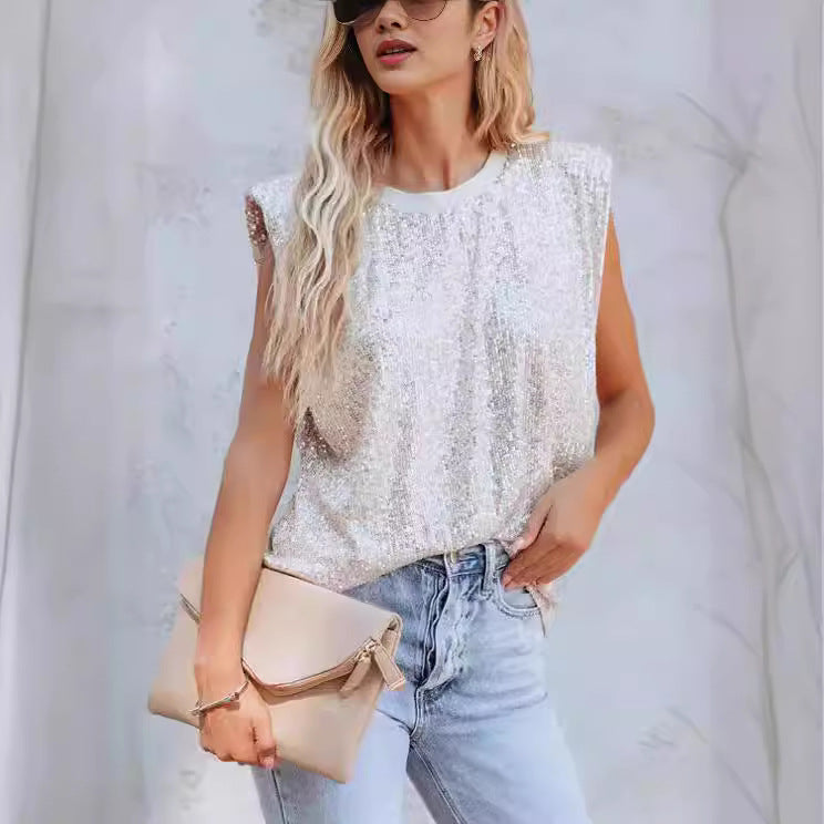Blusa con brillo de cuello redondo para mujer