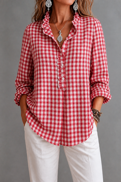 Blusa con cuello de volantes y estampado de cuadros