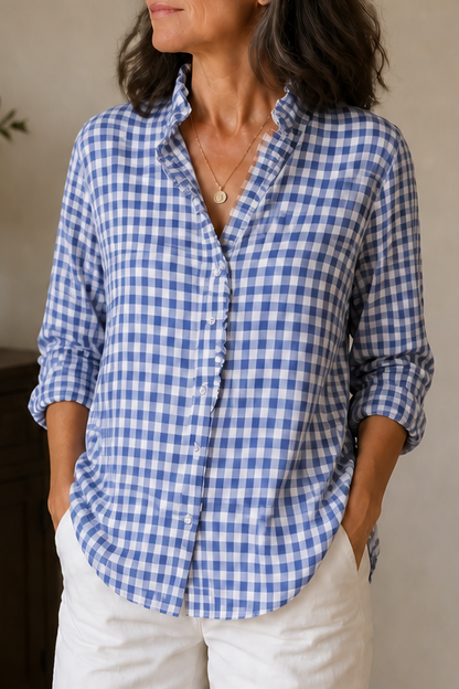Blusa con cuello de volantes y estampado de cuadros