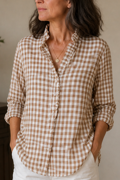 Blusa con cuello de volantes y estampado de cuadros