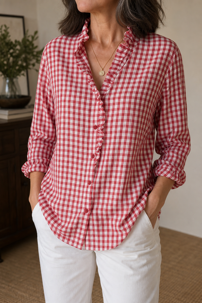 Blusa con cuello de volantes y estampado de cuadros