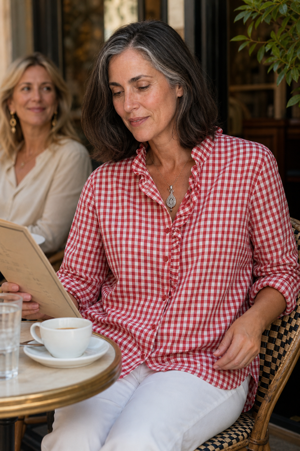 Blusa con cuello de volantes y estampado de cuadros
