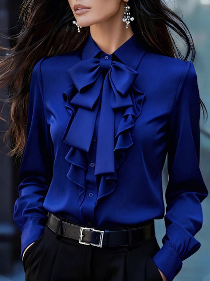 Blusa de mujer con cuello de lazada y volantes delanteros