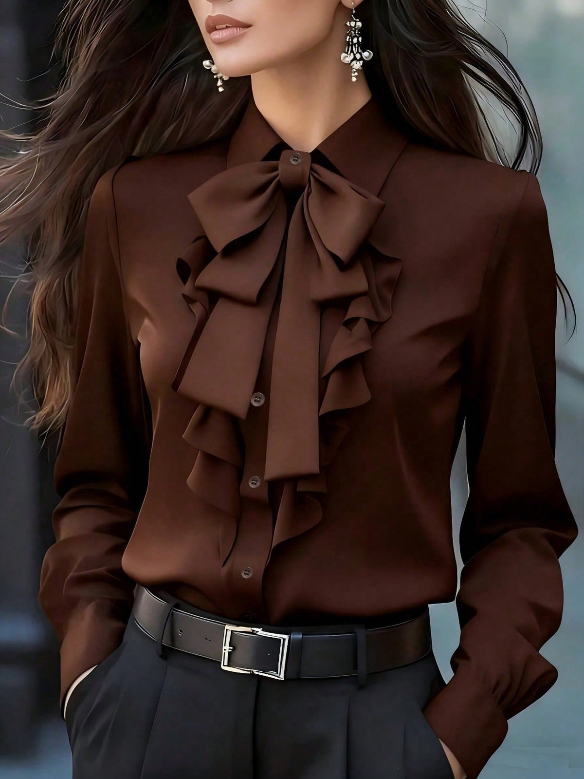 Blusa de mujer con cuello de lazada y volantes delanteros