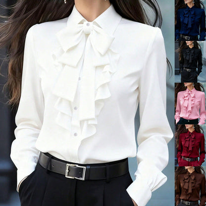 Blusa de mujer con cuello de lazada y volantes delanteros